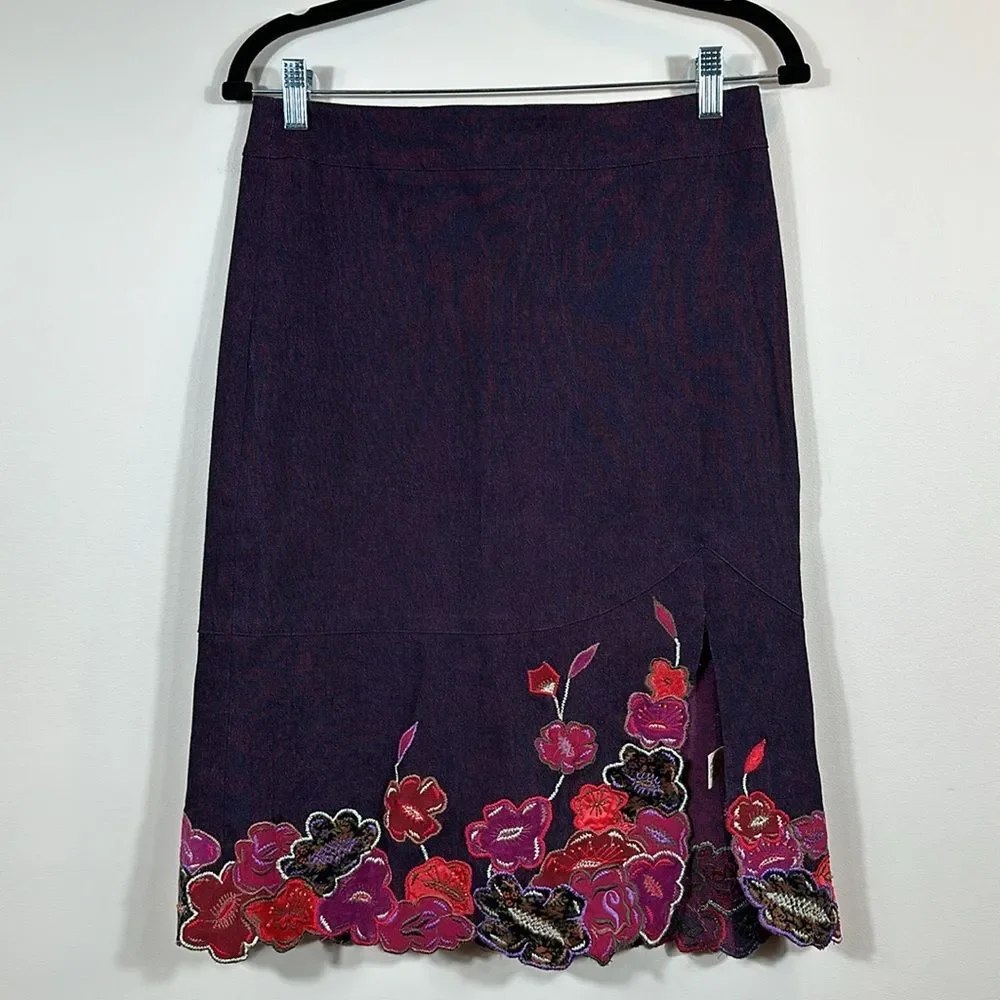 Nanette Lepore Knee Length Purple Embroidered Slit Flower Skirt Women Size 4
